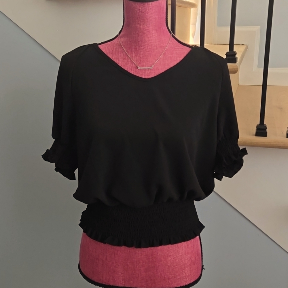 SHEIN LUNE Frilled‎ Shirred Waist Puff Sleeve Blouse - Large